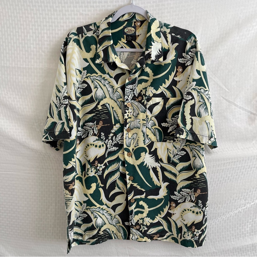 Tommy Bahama Vintage Hawaiian Surfer Girl Short Sleeve Shirt  Green Yellow Large